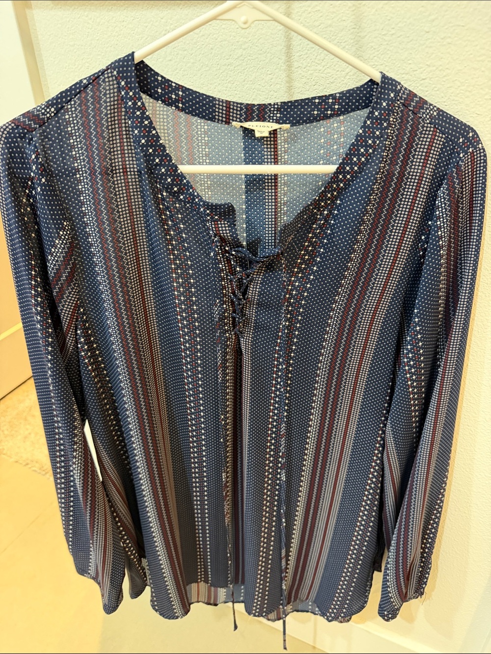 Pleione Navy Multi Lace-Up V-Neck Striped Tunic
